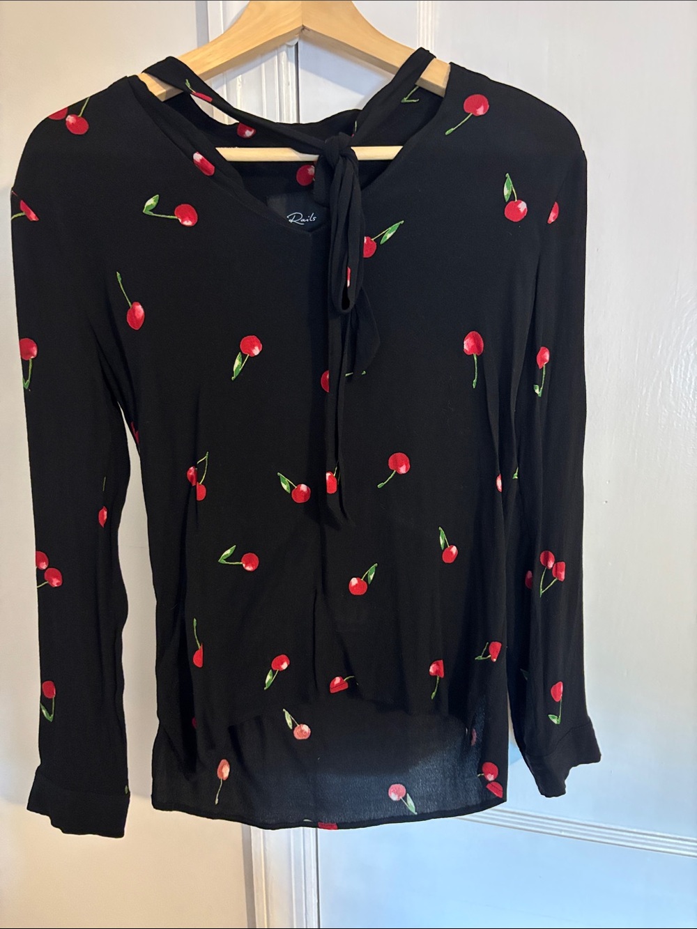 Rails Black Cherry-Print Long-Sleeve Tie-Neck Top - Picture 3 of 5